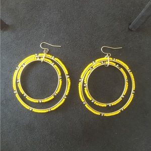 Yellow bead double circle drop hoop earrings